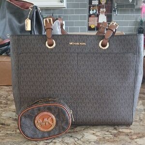 Michael Kors Dark Brown Monogram Tote and Pouch